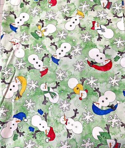 How to Build a Snowman Quilt Fabric: Green Cotton with Snowflakes 2 yd