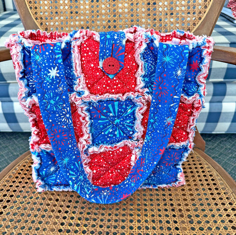Patriotic Fireworks and Stars Rag Tote. Rag Quilt Tote. Summer Gift for Mom. Craft Tote. Gift for Her. Tote Bag with Pockets.