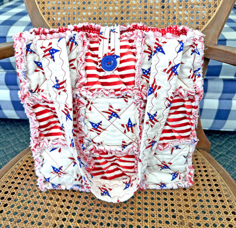 Patriotic Stars and Stripes Rag Quilt Tote Bag with Pockets