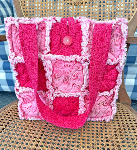 Pink Batik and Floral Rag Tote. Rag Quilt Tote. Gift for Mom. Craft Tote. Gift for Her. Tote Bag with Pockets.