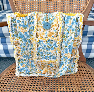 Floral Rag Quilt Tote Bag: Blue & Yellow Handmade Purse with Pockets