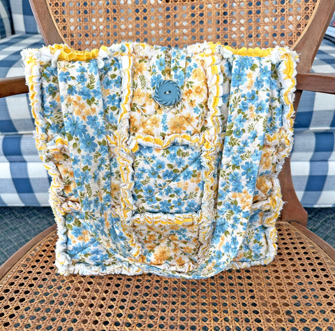 Floral Rag Quilt Tote Bag: Blue & Yellow Handmade Purse with Pockets