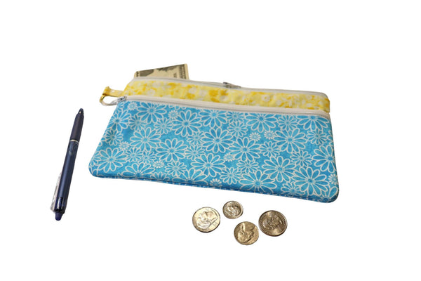 Daisy Double Zipper Pouch: Blue & Yellow Floral Bag