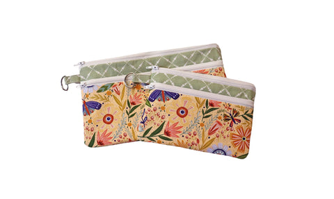 Floral Double Zipper Pouch: Yellow and Green Fabric Bag