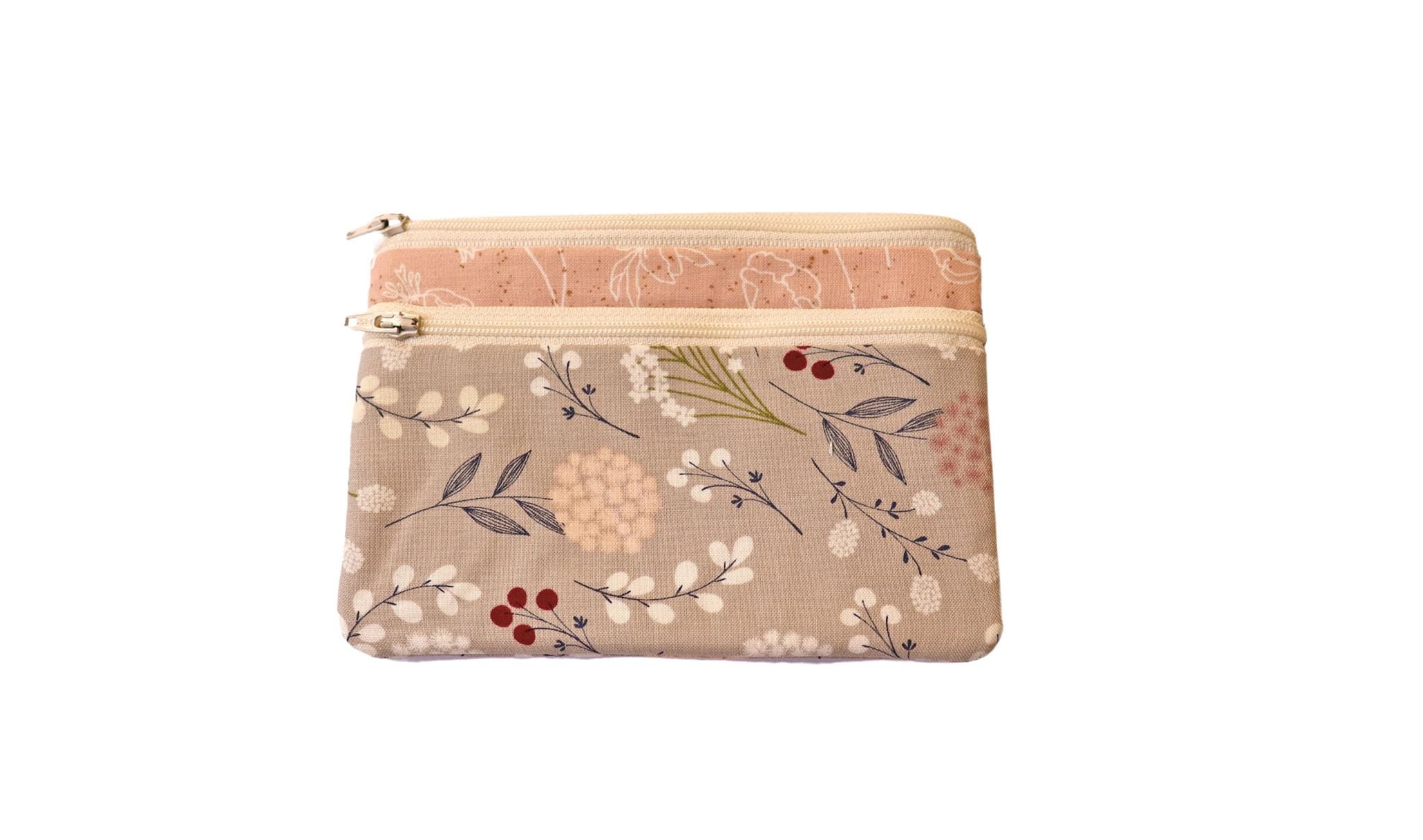 Floral Double Zipper Pouch: Pink & Gray Fabric Bag with Front Pocket