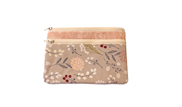 Floral Double Zipper Pouch: Pink & Gray Fabric Bag with Front Pocket