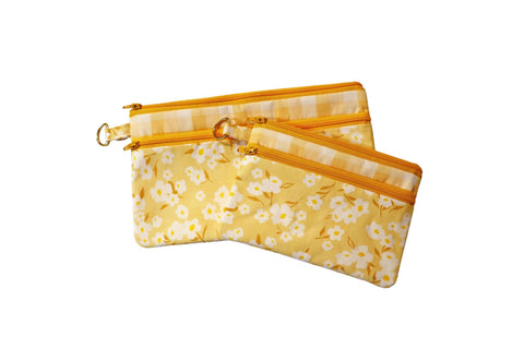 Yellow Floral and Checks Double Zipper Pouch: Small or Large Bag