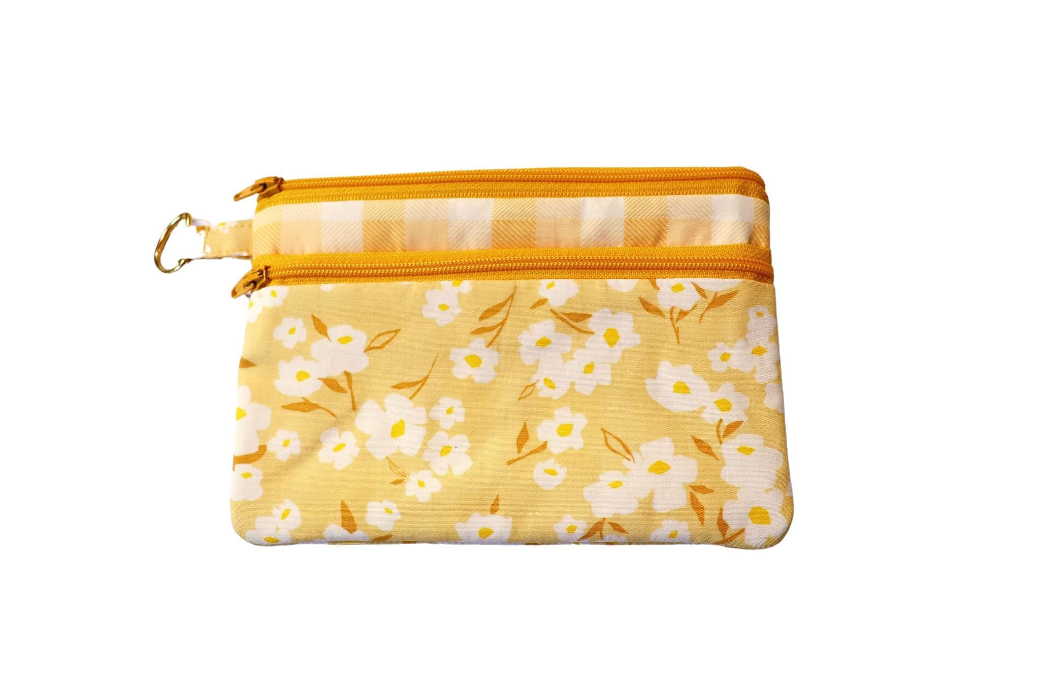 Yellow Floral and Checks Double Zipper Pouch: Small or Large Bag