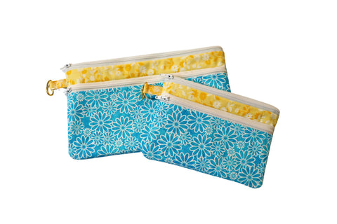 Daisy Double Zipper Pouch: Blue & Yellow Floral Bag