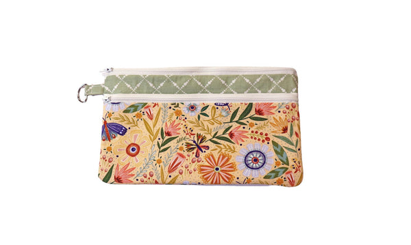 Floral Double Zipper Pouch: Yellow and Green Fabric Bag