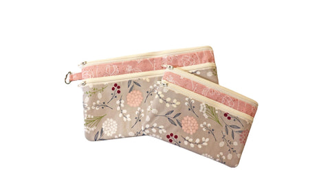 Floral Double Zipper Pouch: Pink & Gray Fabric Bag with Front Pocket
