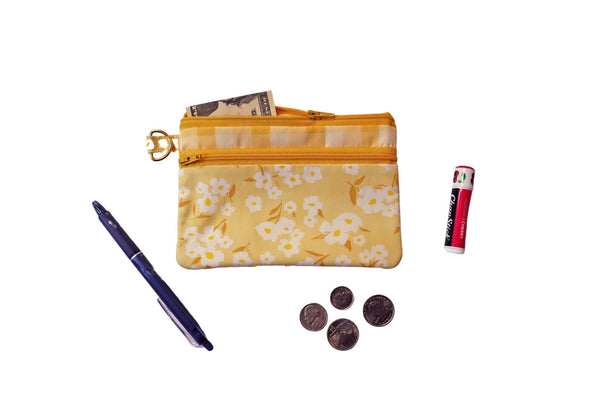 Yellow Floral and Checks Double Zipper Pouch: Small or Large Bag