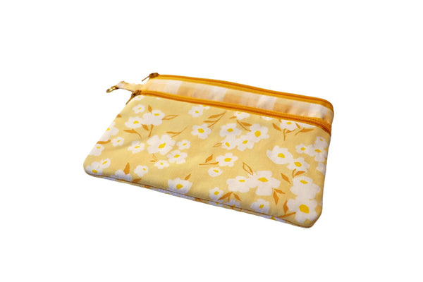 Yellow Floral and Checks Double Zipper Pouch: Small or Large Bag