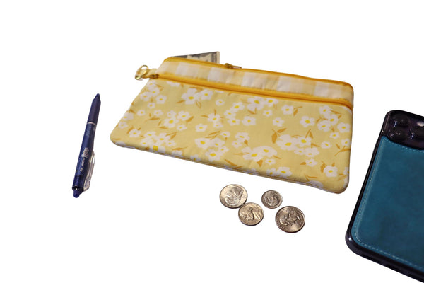 Yellow Floral and Checks Double Zipper Pouch: Small or Large Bag