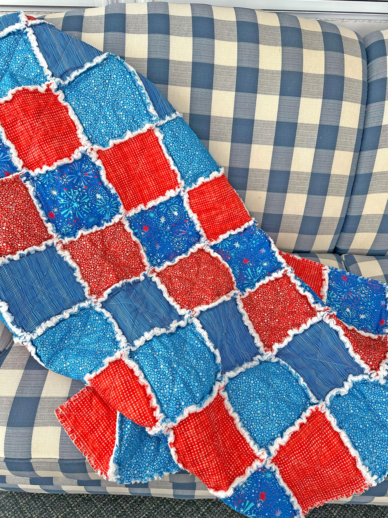 Patriotic Fireworks Lap Rag Quilt. Patriotic Living Room Decor. Fourth of July Decor.