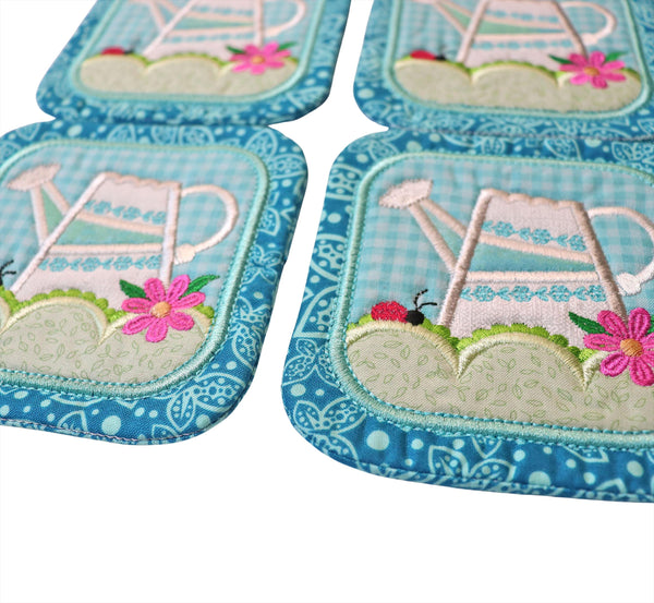 Embroidered Aqua Watering Can Coaster: Spring and Summer Floral Table Decor