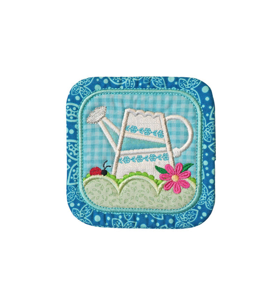 Embroidered Aqua Watering Can Coaster: Spring and Summer Floral Table Decor