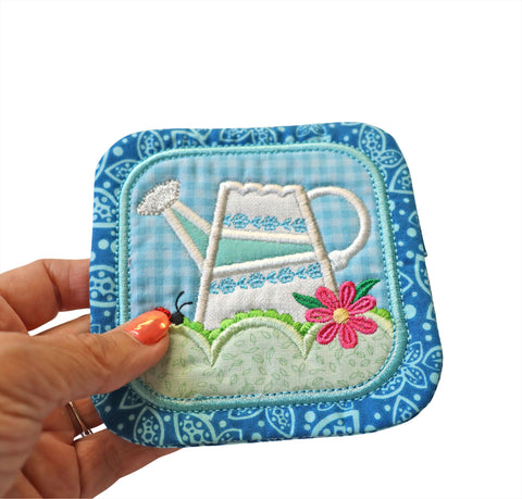 Embroidered Aqua Watering Can Coaster: Spring and Summer Floral Table Decor