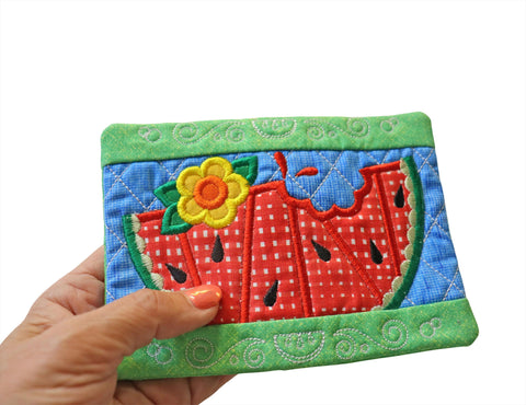 Embroidered Watermelon Mug Rug: Floral Summer Table Decor