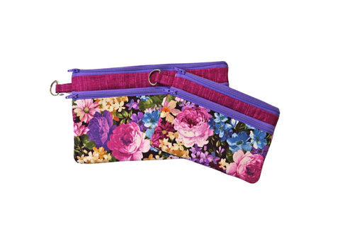 Purple Floral Double Zipper Pouch: Handmade Coin or Makeup Bag