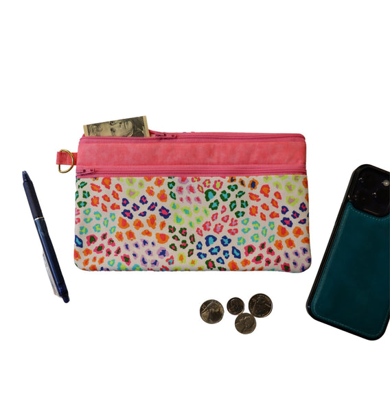Colorful Leopard Double Zipper Pouch: Makeup Bag or Coin Purse