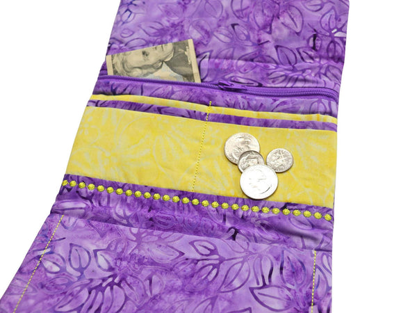 Purple and Yellow Quilted Fabric Wallet. Trifold Woman's Wallet with Zipper.