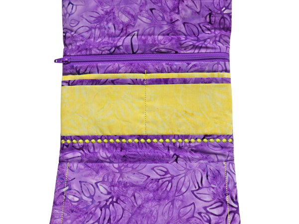 Purple and Yellow Quilted Fabric Wallet. Trifold Woman's Wallet with Zipper.