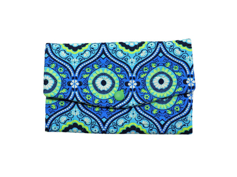 Cyan Blue and Green Quilted Fabric Wallet. Trifold Woman's Wallet with Zipper.