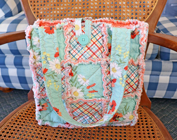 Green Plaid and Floral Rag Quilt Tote