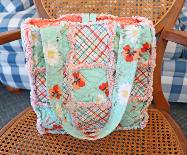 Green Plaid and Floral Rag Quilt Tote