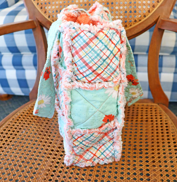 Green Plaid and Floral Rag Quilt Tote
