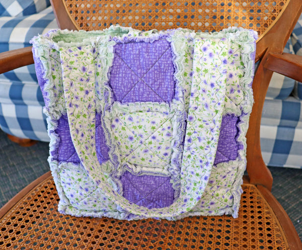 Purple and Green Floral Rag Quilt Tote