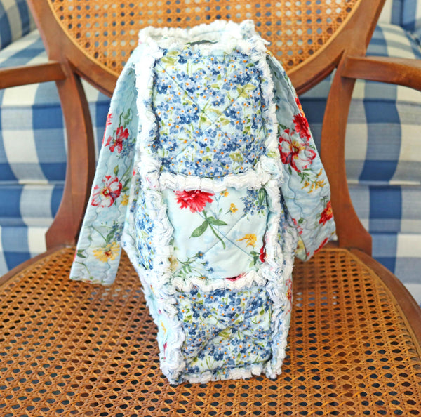Floral Blue and Pin Dots Rag Quilt Tote
