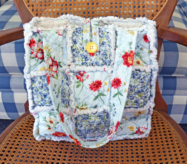 Floral Blue and Pin Dots Rag Quilt Tote