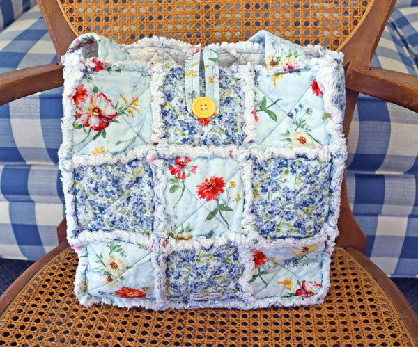 Floral Blue and Pin Dots Rag Quilt Tote