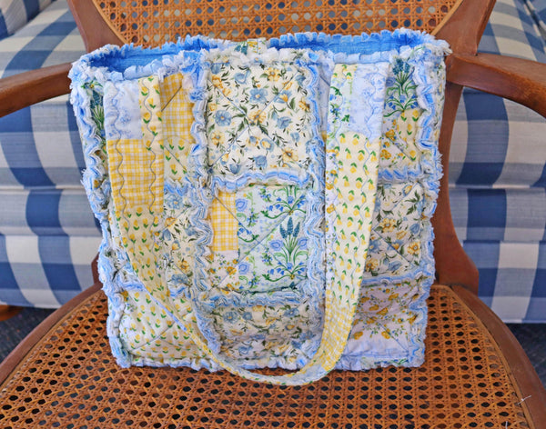 Blue Floral Patchwork Rag Quilt Tote