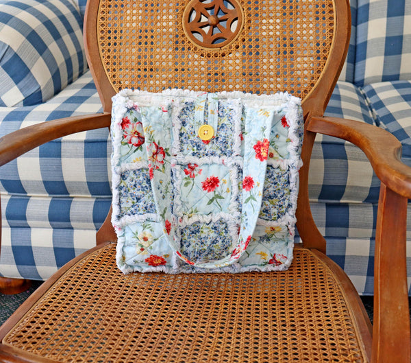 Floral Blue and Pin Dots Rag Quilt Tote