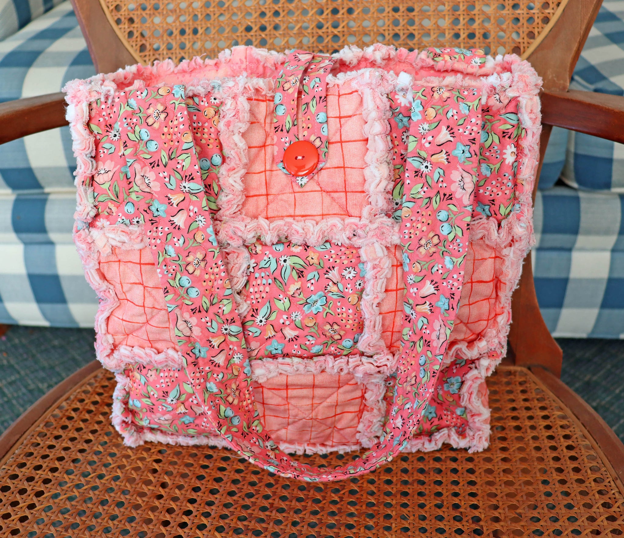 Melon Pink Floral Rag Quilt Tote