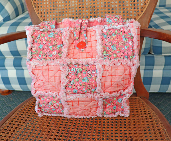 Melon Pink Floral Rag Quilt Tote