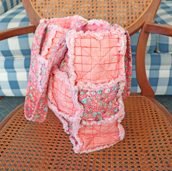 Melon Pink Floral Rag Quilt Tote