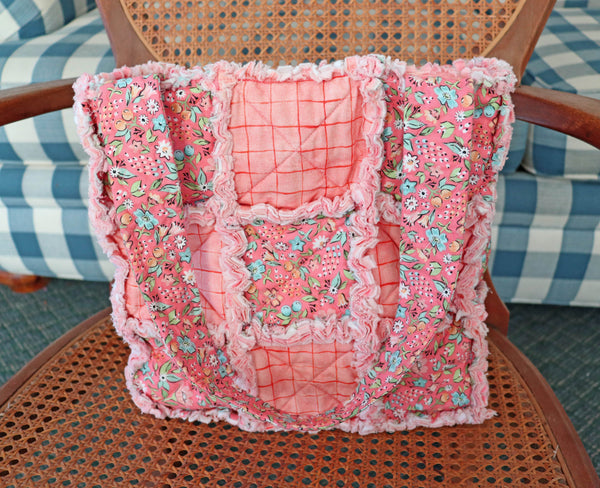 Melon Pink Floral Rag Quilt Tote