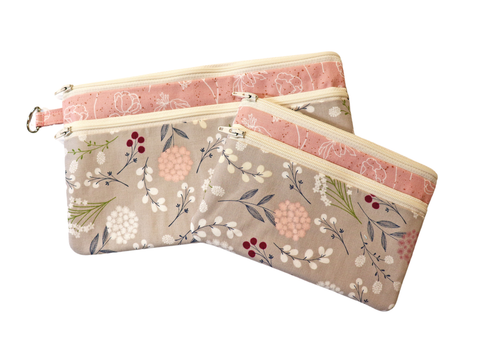 Pink and Gray Floral Double Zipper Pouch: Small or Large Bag