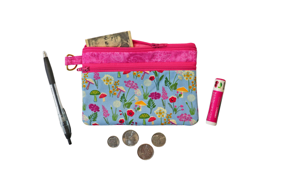 Mushrooms on Blue Double Zipper Pouch: Small or Large Bag