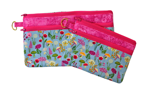 Mushrooms on Blue Double Zipper Pouch: Small or Large Bag