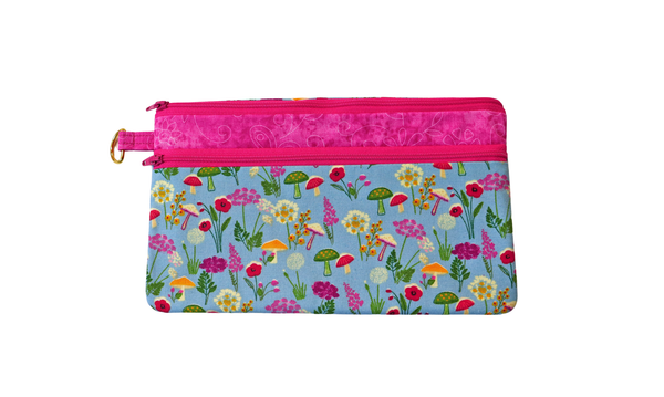 Mushrooms on Blue Double Zipper Pouch: Small or Large Bag