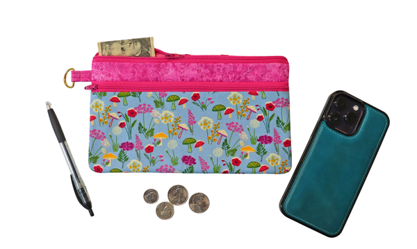 Mushrooms on Blue Double Zipper Pouch: Small or Large Bag