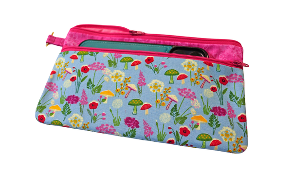 Mushrooms on Blue Double Zipper Pouch: Small or Large Bag