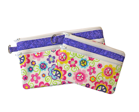 Peace Signs and Flowers Double Zipper Pouch: Small or Large Bag