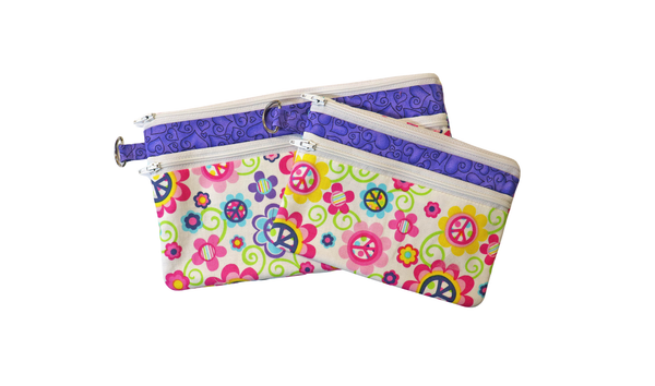 Peace Signs and Flowers Double Zipper Pouch: Small or Large Bag