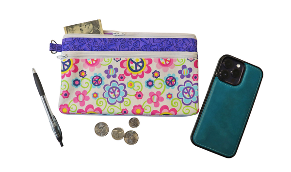 Peace Signs and Flowers Double Zipper Pouch: Small or Large Bag